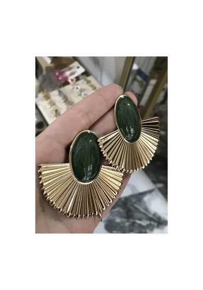 Yeşil Sim Detaylı Yelpaze Model Küpe Altın