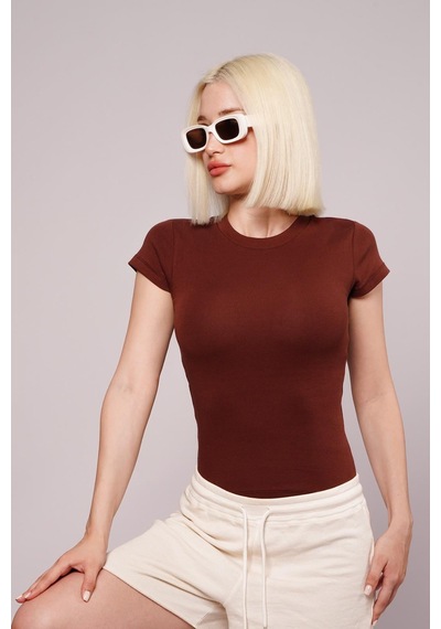 Kahverengi Bisiklet Yaka Basic Kadın T-shirt Mg2479 Kahverengi