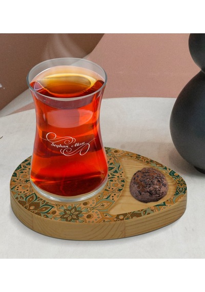 Kişiye Özel Retro Motif Tasarımlı Doğal Ahşap Tabaklı Heybeli Çay Bardağı Sunum Seti Model 11