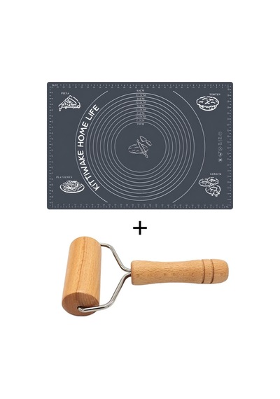 2 Li Gri Silikon Hamur Açma Matı 45x65 Cm Ve Ahşap Saplı Silindir Hamur Açıcı 19 Cm Diğer