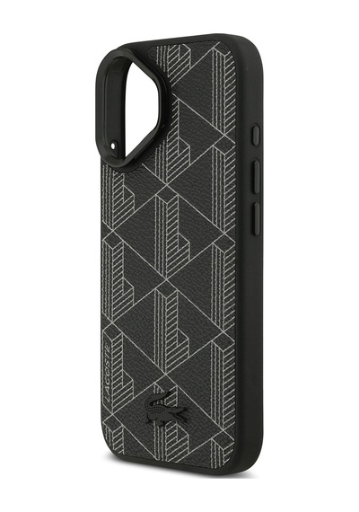 Apple Uyumlu iPhone 17 Kılıf Lacoste Lisanslı M-safeli Standlı Pu Deri Karışık Monogram Desenli Kapak Siyah Siyah