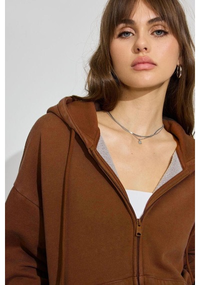 Seeh Kahverengi Fermuarlı Kadın Sweatshirt Sh263 Standart