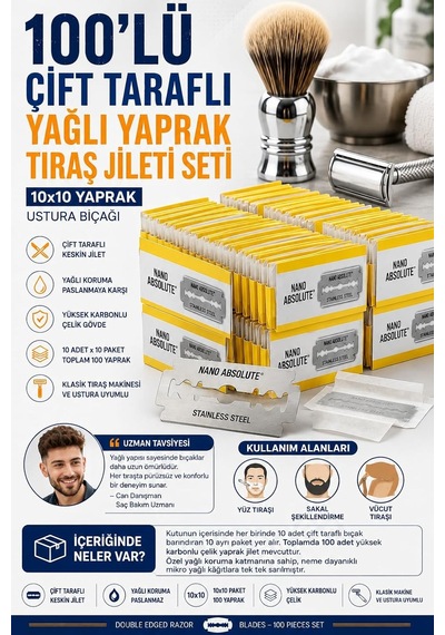 100 Lü Çift Taraflı Yağlı Yaprak Tıraş Jileti Seti 10x10 Yaprak Ustura Bıçağı 723591