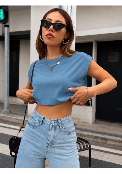 Bonnywıll Bonnywılll Bisiklet Yaka Düşük Kol Crop T-shırt Açık Mavi