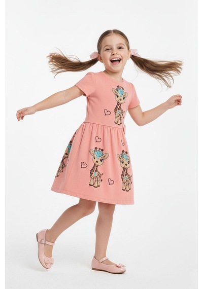 New Kids Baskılı Kız Çocuk Elbise-91078 Somon