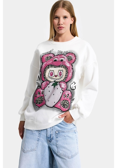 Itsbasic Kadın Beyaz W5 Oversize Baskılı %100 Koton Organik Kumaş Sweatshirt