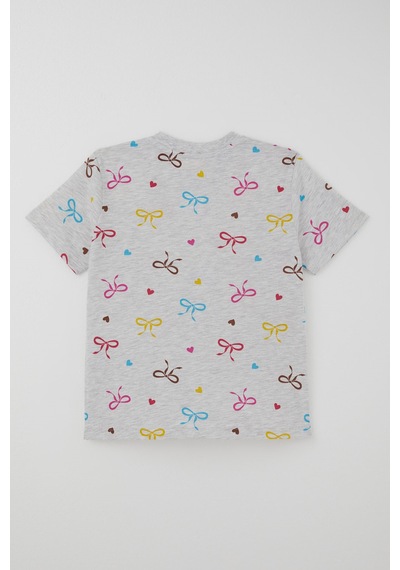 Paty Kıds Kız Çocuk Pijama Takımı Kısa Kollu Renkli Fiyonklu & Kalp Desenli 8-12 Yaş, Açık Gri Melanj