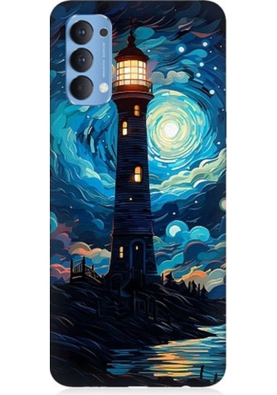 Oppo Reno 4 Uyumlu Ay Işığında Yalnız Deniz Feneri Desenli Silikon Kılıf
