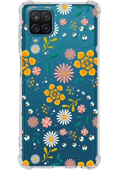 Samsung Galaxy A12 Uyumlu Köşe Korumalı Antişok Kapak Çiçek Tasarımlı Şeffaf Kılıf
