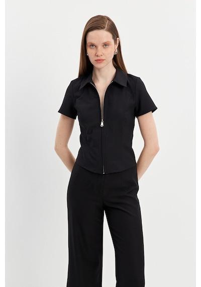 Stella Pulvis Siyah Fermuarlı Slim Fit Kuplu Bluz