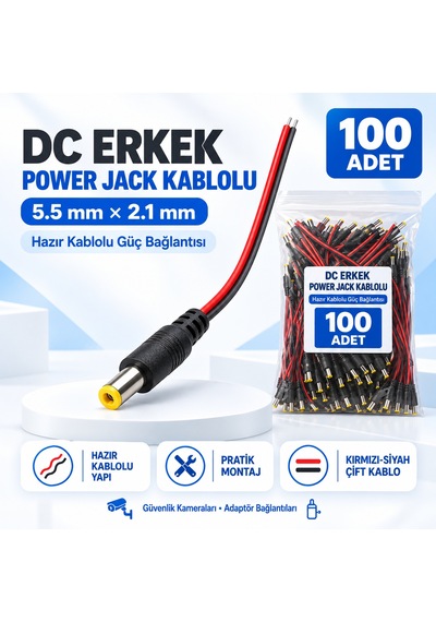 100 Adet Dc Erkek Power Jack Kablolu 5.5x2.1mm Cctv Güvenlik Kamera Adaptör Güç Bağlantı Kablosu