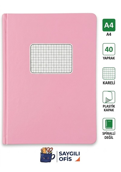 Saygılıofis 40 Yaprak A4 Dikişli Düz Pp Kapak Kareli Defter Pembe