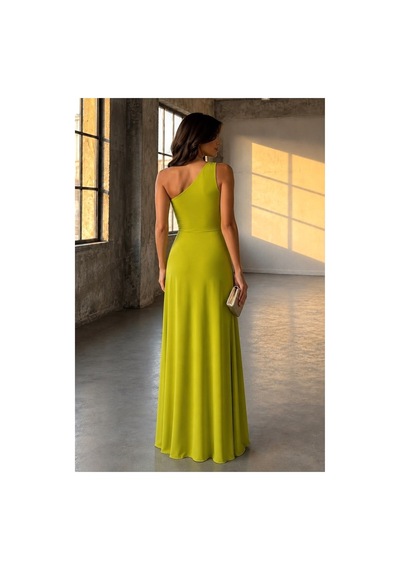 Lior Design Kadın Sade Tek Omuz Kemerli Maxi Abiye Elbise Yeşil
