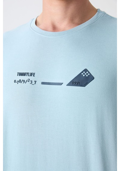 Tommy Life Açık Mavi Pamuklu Kalın Yumuşak Dokulu Oversize Fit Baskılı Erkek T-shirt - 88330 Açik Mavi