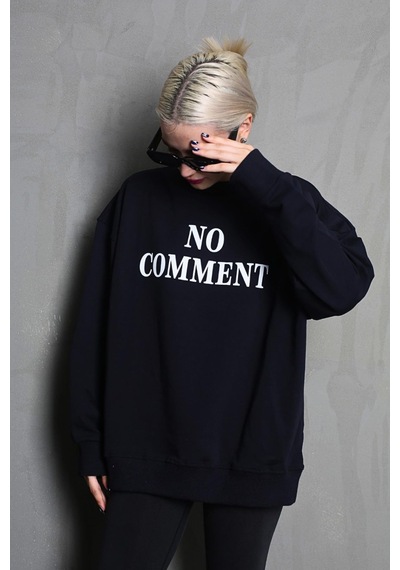 Madmext Siyah Bisiklet Yaka Baskılı Oversize Kadın Sweatshirt Mg1902 Siyah