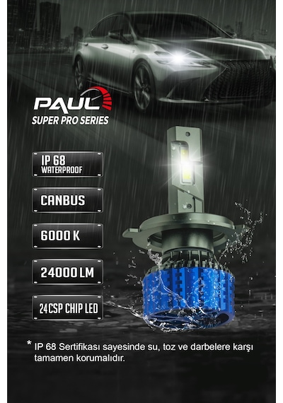 Paul Süper Pro H4 24.000 Lümen Güç Şimşek Etkili Odaklı Ufuk Çizgili Csp Led