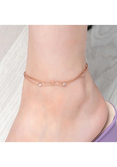 Stillove Gümüş Rose Çift Zincirli Kalp Zirkon Taşlı Halhal Rose