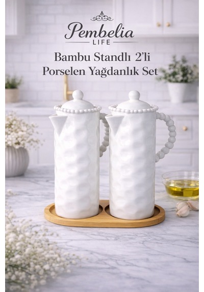 2 Adet 1lt Porselen Yağdanlık Ve Bambu Stand Altlık 3 Lü Yağlık Ayçiçekyağı Zeytinyağı Sürahi Beyaz Beyaz