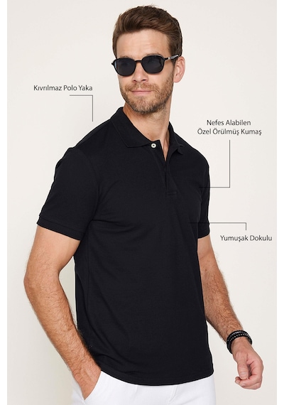 Tudors Erkek Slim Fit Dar Kesim Pamuklu Yumuşak Dokulu Serin Tutan Kumaş Düz Pike Polo Yaka Tişört-30765 Siyah