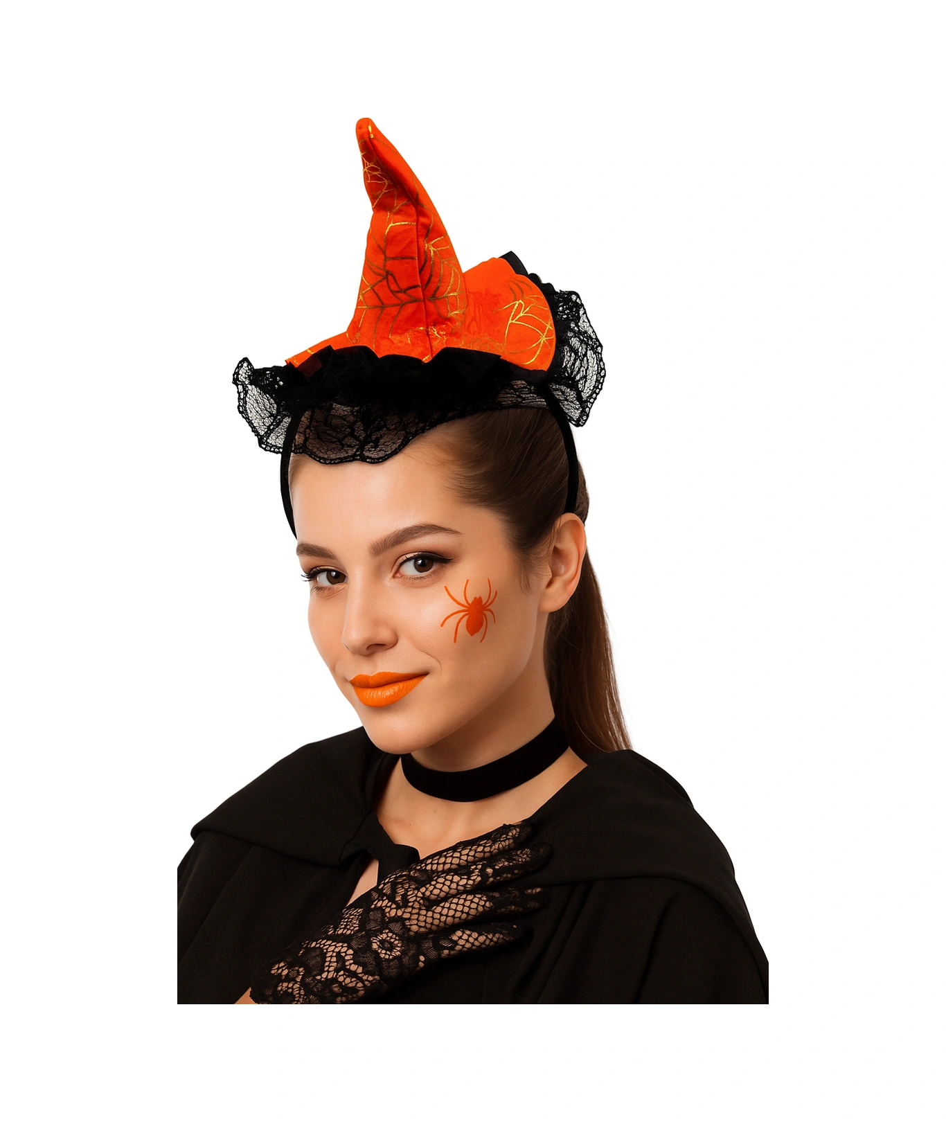Halloween Cadılar Bayramı Taç Mini Cadı Şapkası Şeklinde Tüllü Turuncu-siyah Varaklı Örümcek Ağı Desenli Diğer