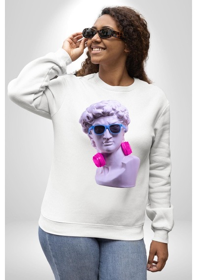 Kulaklık Gözlük Pop Art Heykel Unisex Beyaz Sweatshirt Beyaz