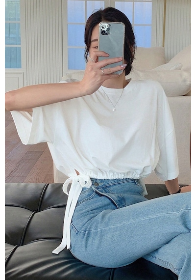 Kadın Oversize Basic Haki Tişört Yan Bağlamalı Rahat Kesim Günlük Yazlık T-shirt Beyaz