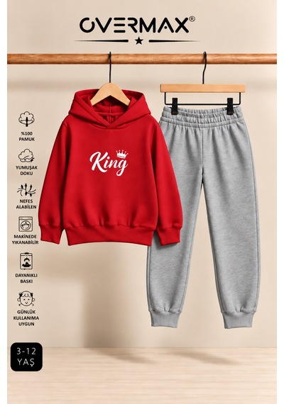 Overmax King Baskılı Çocuk Kapüşonlu Sweatshirt-eşofman Takımı 3-12 Yaş Kırmızı - Gri - 921700280 Kırmızı - Gri