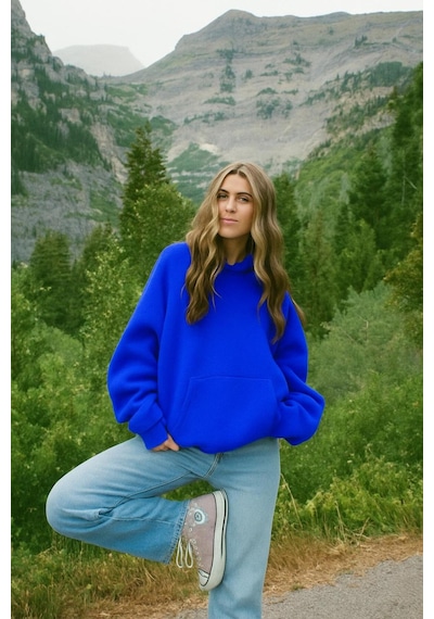 Benroma Düz Ünisex Oversize Kapüşonlu Sweatshırt Saks Mavisi