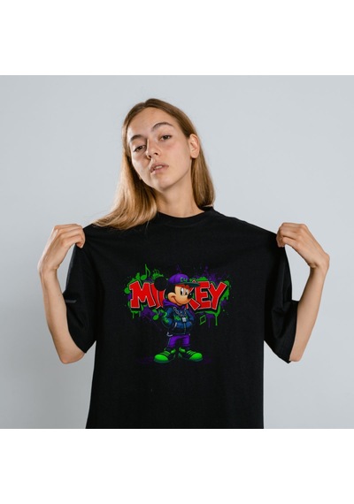 Vinevesta Mickey Mouse Graffiti Baskılı Unisex Siyah Oversize Tişört - 24/1 Penye Çok Renkli