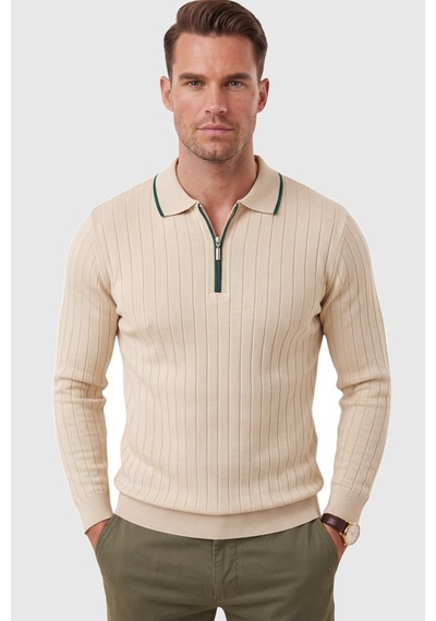Deepsea Erkek Slim Fit Tüylenmeyen Çizgi Dokulu Bej Triko Kazak Fermuarlı Polo Yaka 2700401