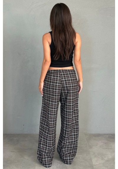 Madmext Siyah Lastikli Bel Geniş Paça Ekose Pantolon Mg2658