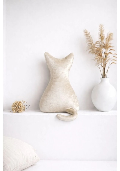 Kedi Figürlü Dekoratif Kırlent Krem