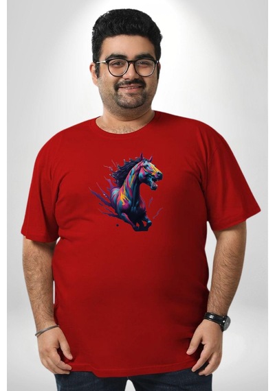 Angemiel Renkli At Koşu Kırmızı Büyük Beden Erkek Kadın Unisex Basic Ön Baskılı Tişört Kırmızı