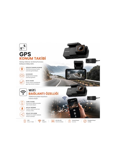 Bagajon 4k Pro Ultra Hd Wifi Gps Adas Araç İçi Kamera Yapay Zeka, Gece Görüşü, G-sensör, 24 Saat Park Modu, Ön + Arka Kamera