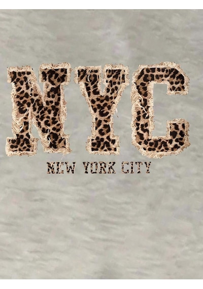 Startmore Popsway Plus Size Women's Letter 'nyc '& Leopard Print Drop Shoulder Long Sleeve Casual Loose Çok Renkli