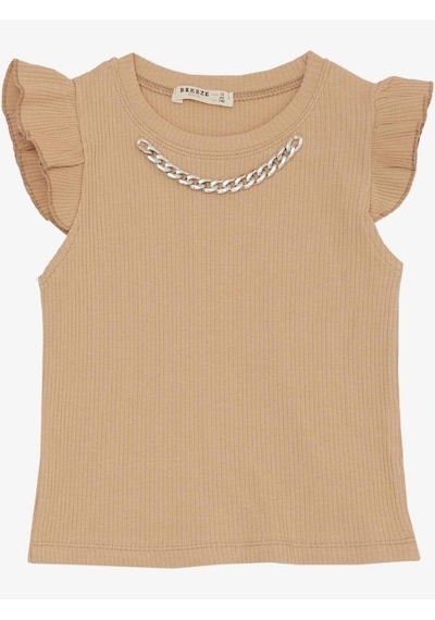 Breeze Kız Çocuk Kolları Fırfırlı Zincirli Kaşkorse T-shirt-14036 Bej