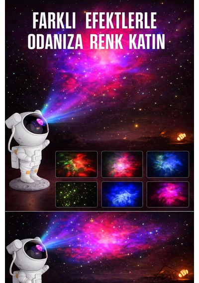 Astronot Tasarımlı Hoparlör Nluetooth Gece Lambası 8 Renkli Projeksiyon Kumandalı Projektör Beyaz