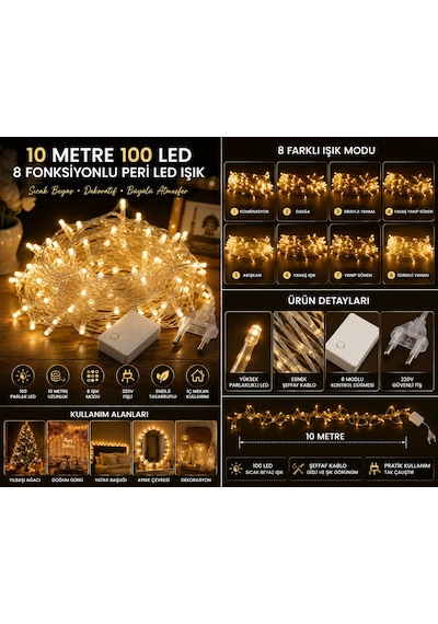 Gün Işığı Peri Led Işık 8 Fonksiyon 10 Metre 100 Ledli Dekoratif Yılbaşı Ağacı Parti Ev Oda Süsleme Diğer