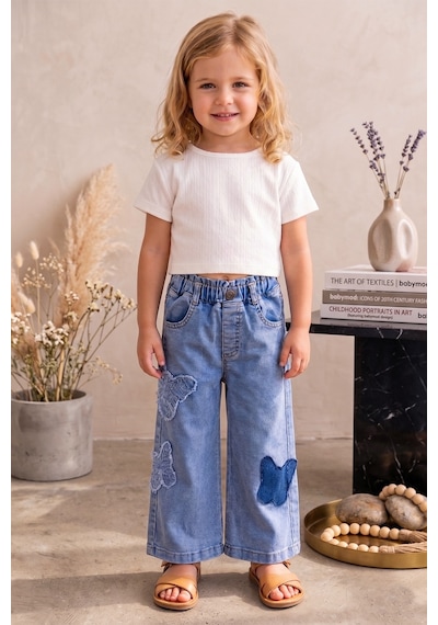 Babymod Kelebek İşlemeli Denim Kız Çocuk Kot Pantolon Mavi