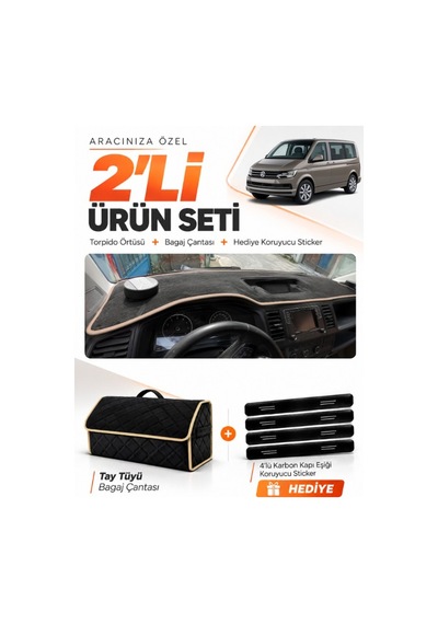 Volkswagen Transporter T6 Çukurlu 2015-2020 Uyumlu Torpido Örtüsü Tay Tüyü Çanta Seti - Siyah Bej