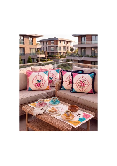 Kuş Ve Çiçek Desenli 4 Lü Saçaklı Kırlent Kılıfı 45 x 45