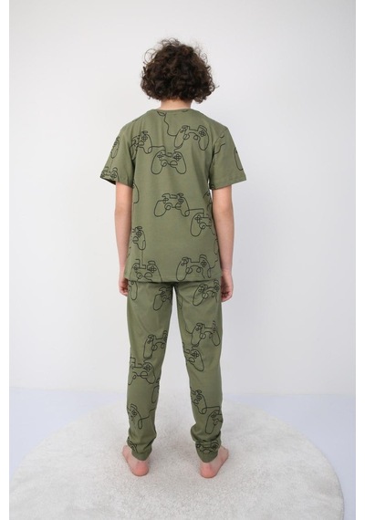 Kısakollu Play Console Desenli Erkek Çocuk Pijama Takımı Alt-üst Haki