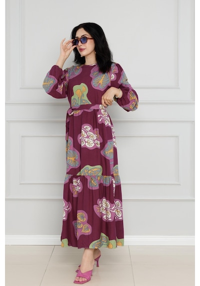Sevitli Desenli Kuşaklı Viscon Elbise-bordo-4105-bordo Bordo