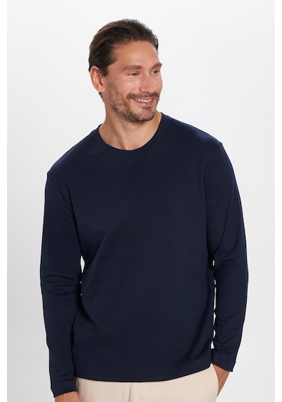 Tudors Unisex Relax Fit Rahat Kesim %100 Pamuk Uzun Kollu Bisiklet Yaka Lacivert Basic Tişört-32655 Lacivert
