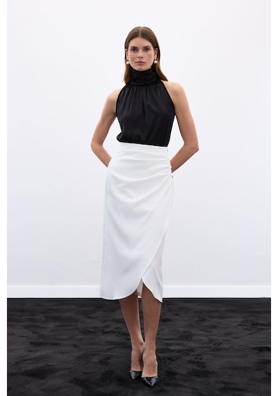 Sateen Düğme Detaylı Kalem Etek - Ekru-136778 Ekru