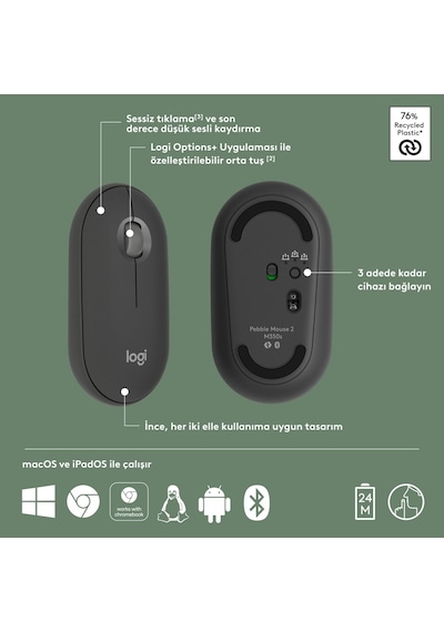 Logitech M350s Pebble 2 Bluetooth Kablosuz Sessiz Kompakt Mouse - Siyah Diğer