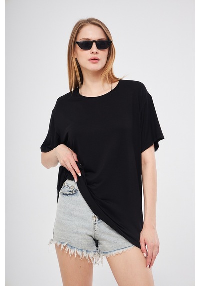 Thiff Gymwear Siyah Baskısız Düz Bisiklet Yaka Kadın Oversize T-shirt SIYAH