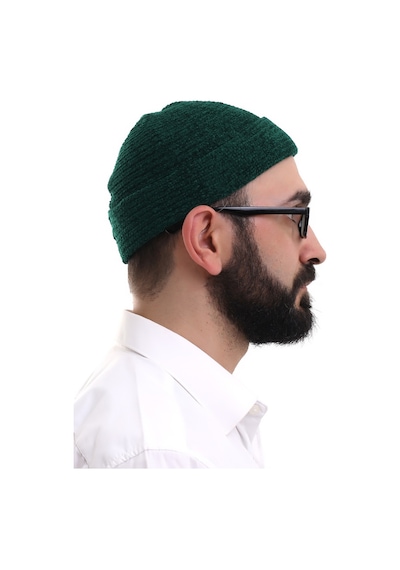 Yeşil Katlamalı Sade Desen Kışlık Kadife Takke Şapka