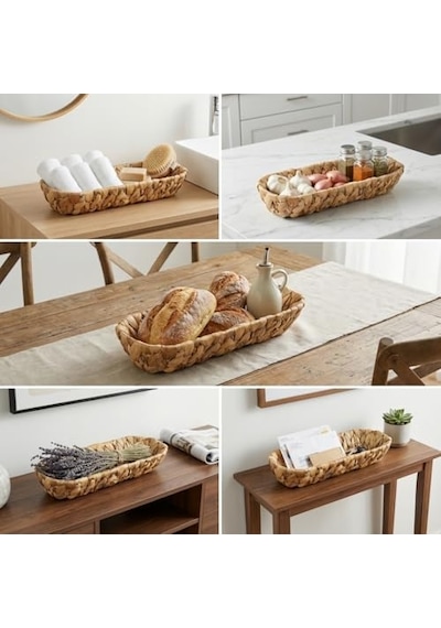Hasır Oval Ekmek Sepeti Ve Çok Amaçlı Düzenleyici, 28x6 Cm Doğal Örme Sunum Tabağı, İnce Uzun Baget Ekmeklik, Genel