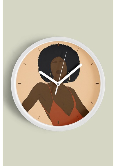 Afro Stil Kadın Minimalist Modern Duvar Saati - 30cm - Önü Camlı Beyaz Kasa - Sessiz Mekanizma Beyaz